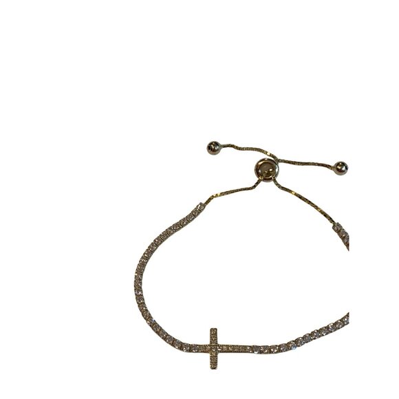 Adjustable Goldtone Cross Bracelet Clear Rhinestones - Picture 2 of 5